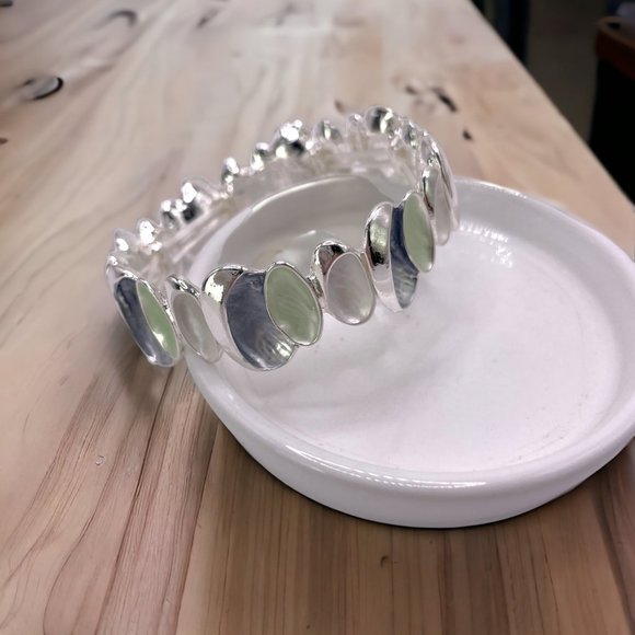 Bracelet, Stretch, Silver Tone, Blue, Green, White Inlay Oval 7.5" - 8.25" - Picture 2 of 5